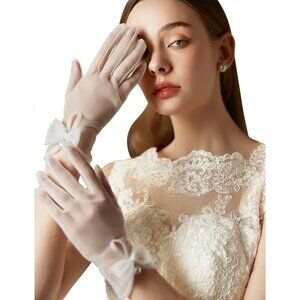 Women's White Bow Tulle Pearls Mesh Tea Short Gloves Party Prom Accessories